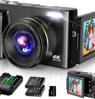 4K Digital Camera for Photography, WiFi 64MP 180° Flip Screen 3" Autofocus Vlogging Camera for YouTube, 16X Zoom Compact Point and Shoot Cameras for Beginner with 32GB Card, 2 Batteries