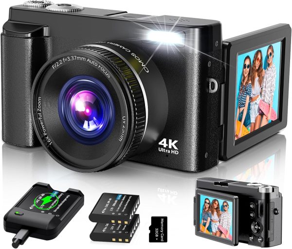 4K Digital Camera for Photography, WiFi 64MP 180° Flip Screen 3" Autofocus Vlogging Camera for YouTube, 16X Zoom Compact Point and Shoot Cameras for Beginner with 32GB Card, 2 Batteries