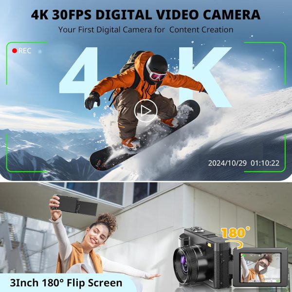 4K Digital Camera for Photography, WiFi 64MP 180° Flip Screen 3" Autofocus Vlogging Camera for YouTube, 16X Zoom Compact Point and Shoot Cameras for Beginner with 32GB Card, 2 Batteries - Image 2